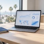 Laptop on a light wooden desk displaying blurred analytics charts beside a blue notebook and coffee mug in bright daylight