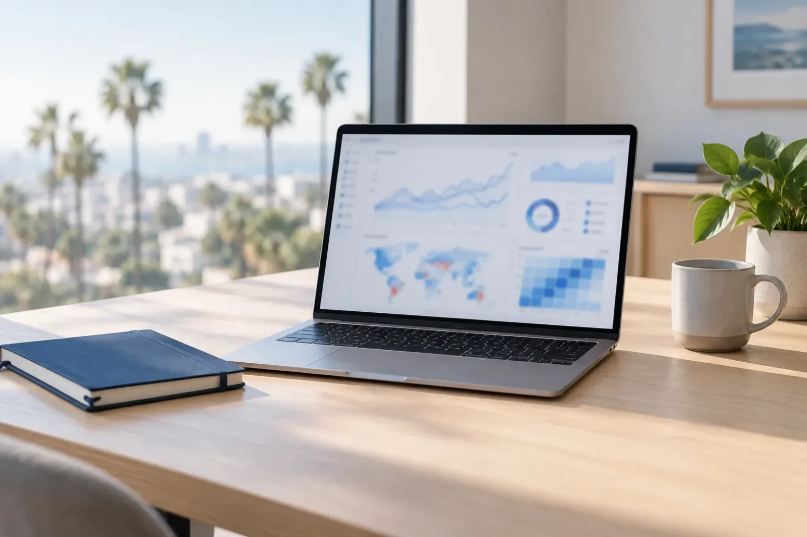 Laptop on a light wooden desk displaying blurred analytics charts beside a blue notebook and coffee mug in bright daylight