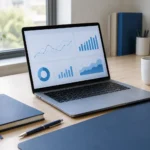 Laptop with analytics charts on a tidy modern desk in natural daylight, with a notebook, pen and mug