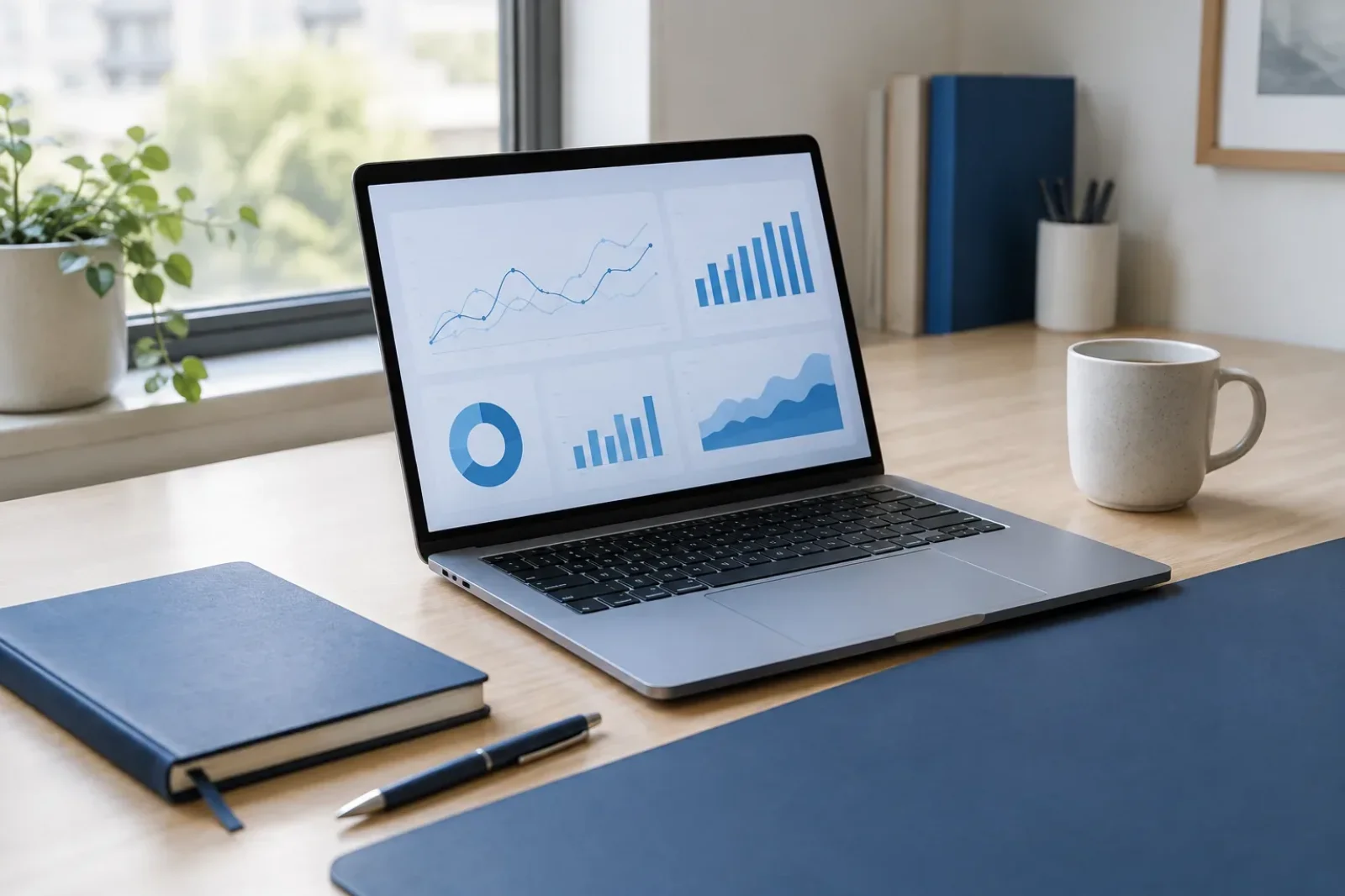 Laptop with analytics charts on a tidy modern desk in natural daylight, with a notebook, pen and mug